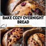 Freshly baked Cranberry Orange Sourdough Bread in a rustic Dutch oven showing golden crust and fruit bits.